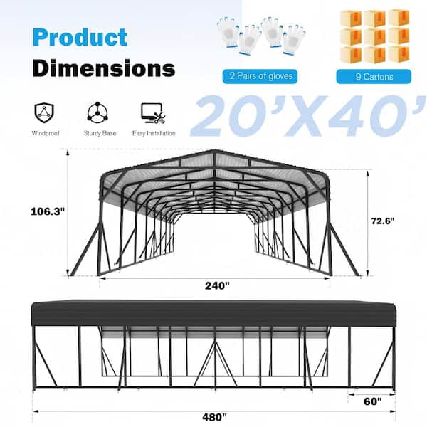 20 ft. W x 40 ft. D Metal Carport, Car Canopy and Shelter