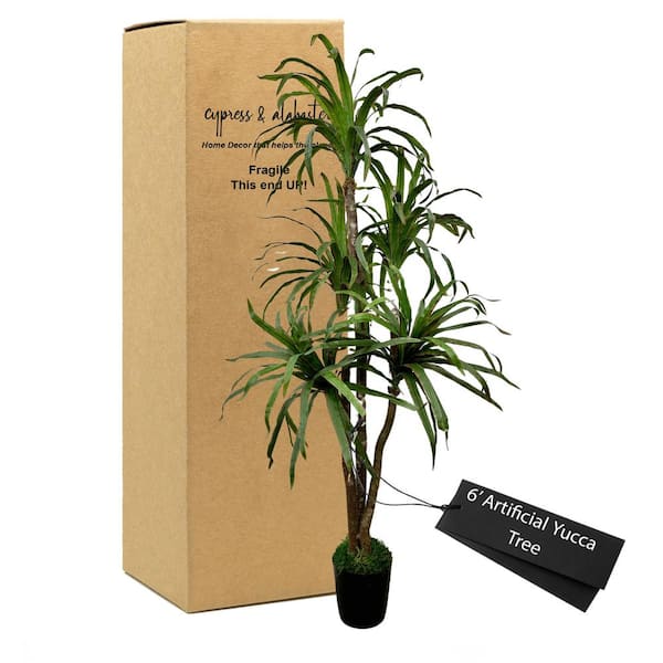 CYPRESS & ALABASTER Handmade 6 ft. Artificial Yucca Tree in Home Basics Plastic Pot Made with Real Wood and Moss Accents
