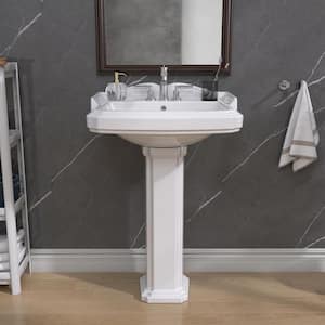 White Vitreous China Pedestal Combo Bathroom Ceramic Vessel Sinks in Rectangular Design with 3-Centerset Faucet Hole