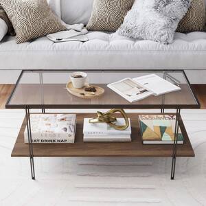 Asher 39 in. Warm Walnut/Black Mid-Century Rectangle Glass Coffee Table with Walnut Floating Shelf and Black Metal Legs