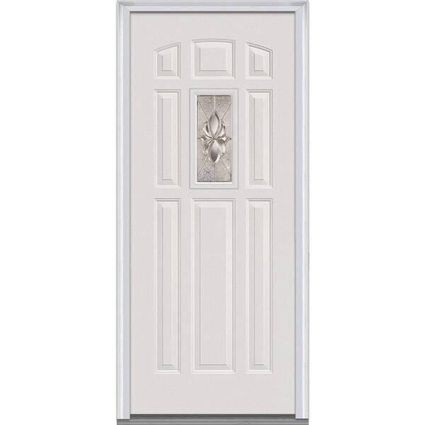 Milliken Millwork 36 in. x 80 in. Heirloom Master Decorative Glass 1/4 Lite 8-Panel Primed White Steel Prehung Front Door