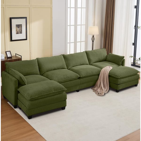 133 in. Square Arm 3-Piece Corduroy Modular Sofa with 2 Movable Ottomans Sectional Sofa in. Olive Green