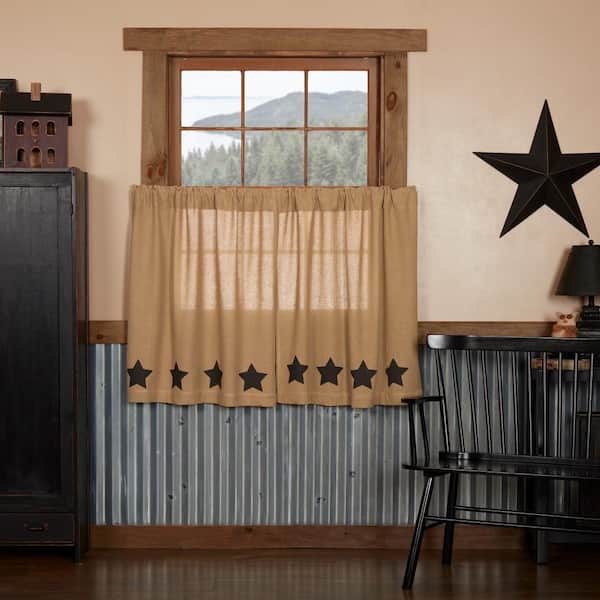 VHC BRANDS Burlap Stenciled Star 36 in. W x 36 in. L Country Light Filtering Tier Window Panel in Natural Tan Black Pair