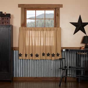 Burlap Stenciled Star 36 in. W x 36 in. L Country Light Filtering Tier Window Panel in Natural Tan Black Pair
