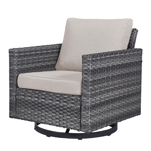 Pocassy Outdoor Swivel Gray Wicker Outdoor Rocking Chair with CushionGuard Beige Cushions Patio