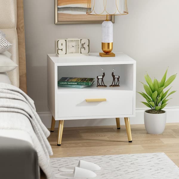 FUFU&GAGA 1-Drawer White Nightstand With Storage Compartment Sofa Side End Table Bedside 20 in. H x 19.5 in. W x 15.6 in. D
