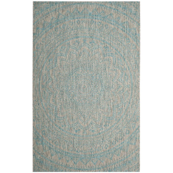 SAFAVIEH Courtyard Light Gray/Aqua 5 ft. x 8 ft. Border Indoor/Outdoor Patio  Area Rug