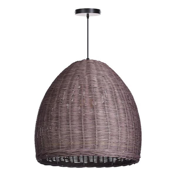 60-Watt 1-Light Dark Brown Hand-Woven Rattan Pendant Light with Dome Shade, No Bulbs Included, 24 in.