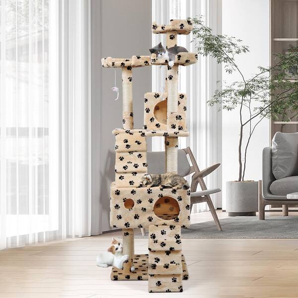 67"Cat Tree Pet Scratching Post Tower Condo Kitty Play House Beige W/Paws 
