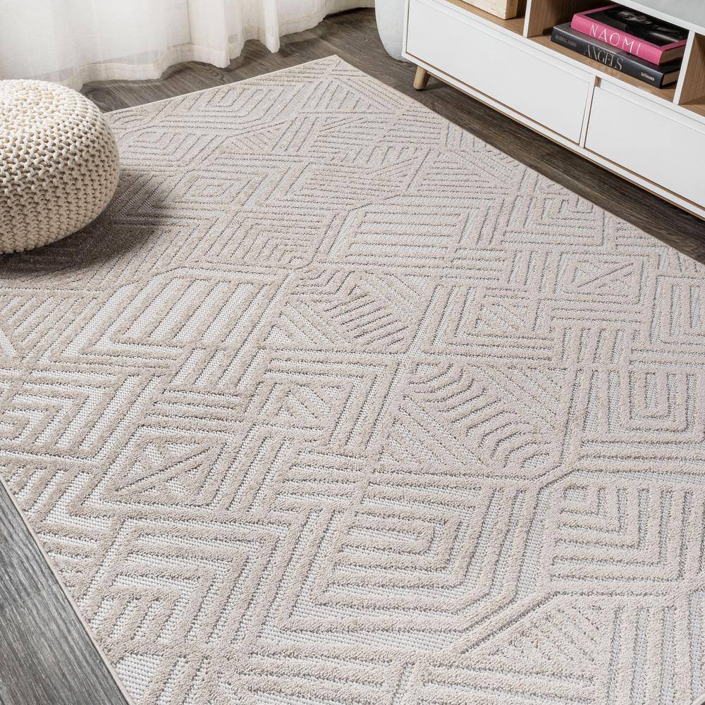 Jordan High-Low Pile Beige Geometric Indoor/Outdoor Area Rug