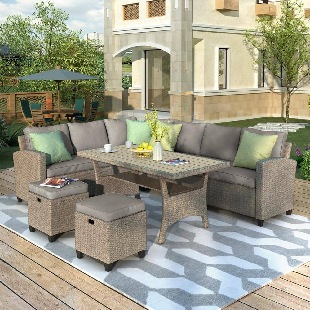 Brown 5-Piece Wicker Outdoor Patio Conversation Seating Set with Light Brown Cushions -  Wateday, PF-SET76DAA