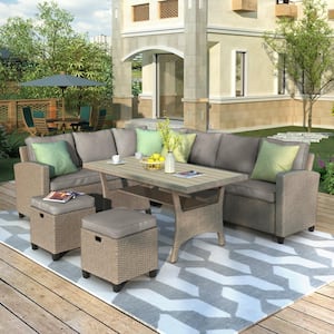 Brown 5-Piece Wicker Outdoor Patio Conversation Seating Set with Light Brown Cushions