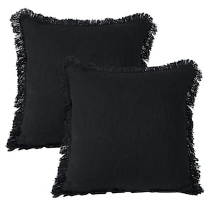 Casper Black Solid Color Fringed Hand-Woven 20 in. x 20 in. Indoor Throw Pillow Set of 2