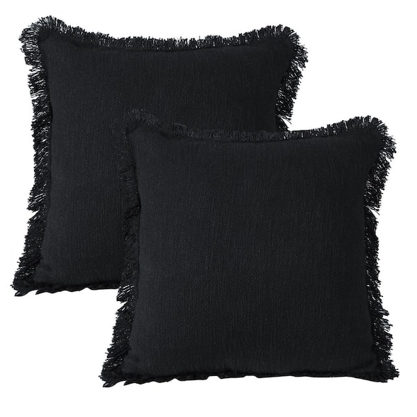 LR Home Casper Black Solid Color Fringed Hand-Woven 20 in. x 20 in. Throw Pillow Set of 2