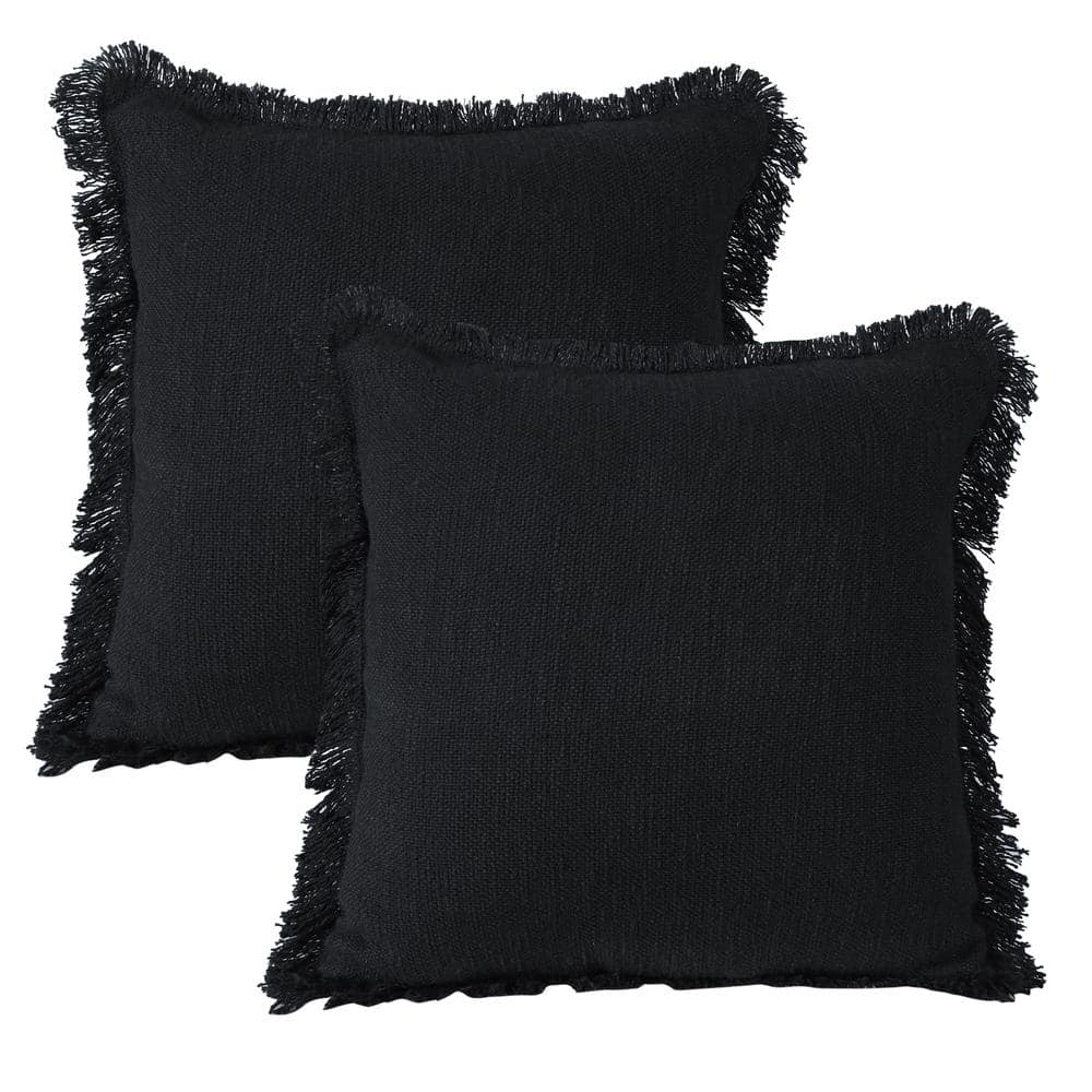 Casper Black Solid Color Fringed Hand-Woven 20 in. x 20 in. Indoor Throw Pi