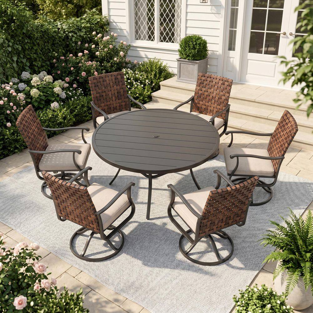 7-Piece Metal Patio Dining Set with 50 in. Black Round Table and 6 Brown Wicker Swivel Chairs with Cushions in Beige price history on PriceWatchPro