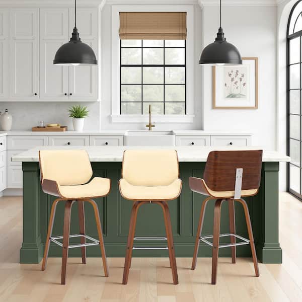 Tyler 38 in. H Cream Low Back Wood Bar Stool with Faux Leather Seat (Set of 3)