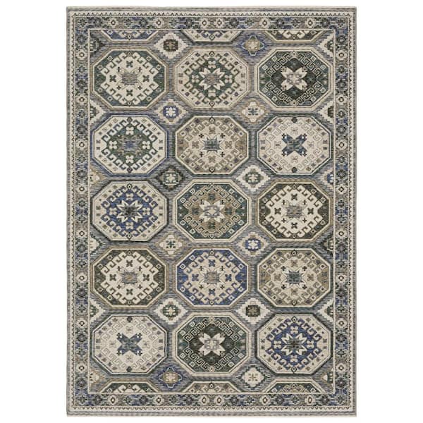 AVERLEY HOME Hunter Ivory/Blue 5 ft. x 8 ft. Persian Geometric Medallion Polyester Fringe-Edge Indoor Area Rug