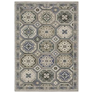 Hunter Ivory/Blue 10 ft. x 13 ft. Persian Geometric Medallion Polyester Fringe-Edge Indoor Area Rug