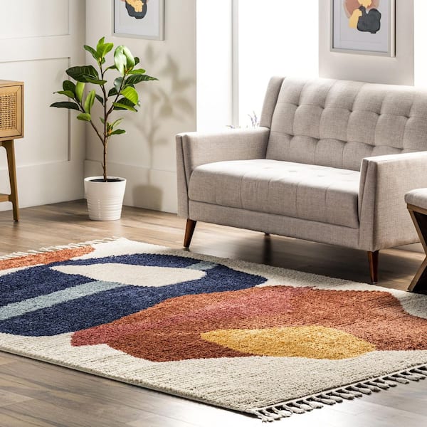 Ashton Shaggy Contemporary Abstract Tassel Beige 9 ft. x 12 ft. Area Rug