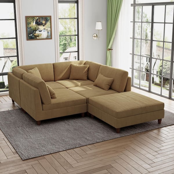 112.1 in. Straight Arm 5-Piece Corduroy Upholstered Modular Free Combination Sectional Sofa in Camel with Ottoman
