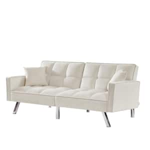 74.41 in. White Velvet 2-Seats Loveseats Velvet Sofa Couch Bed with Armrests and 2 Pillows