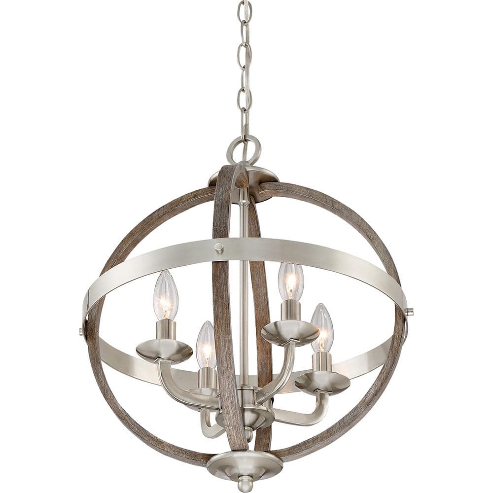 Brushed Nickel Cage 4-Light Chandelier with Faux Wood Accents