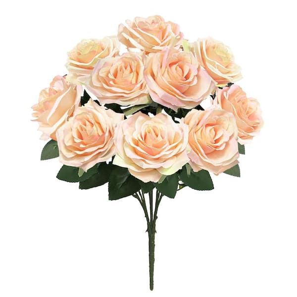 LIVING LUXURY 18 in. Deluxe Blush Peach Artificial Queen Rose Flower Stem Bush Bouquet (Set of 2)