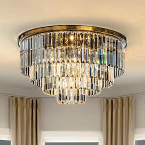 31.5 in. 8-Lights Modern Antique Gold 4-Tier Round Crystal Fringe Chandelier Flush Mount Light