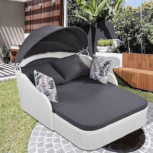 79.9 in. L PE Rattan White Wicker Outdoor Sunbed Day Bed with Adjustable Canopy Double Lounge in Gray Cushion