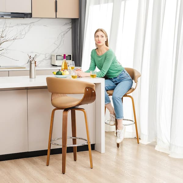 40.5 in. H Mid-Century Modern Camel PU/Walnut bentwood Swivel Chair Bar Stool (Set of 2)