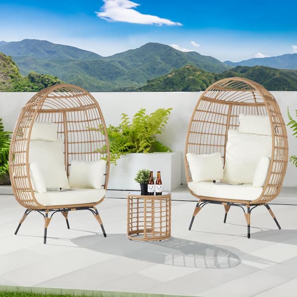 SANSTAR 3-Piece Patio Wicker Egg Chair Outdoor Bistro Set with Side Table, with Beige Cushion