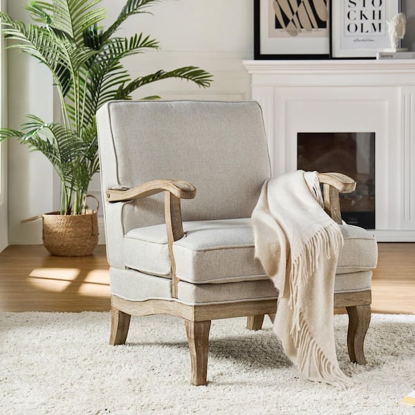Quentin 28 in. Farmhouse Pewter Upholstered Polyester Arm Chair with Wooden Legs