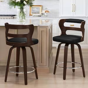 Arabela 26 in. Black Solid Wood Swivel Bar Stool Faux Leather Kitchen Counter Stool with Walnut Frame Set of 2