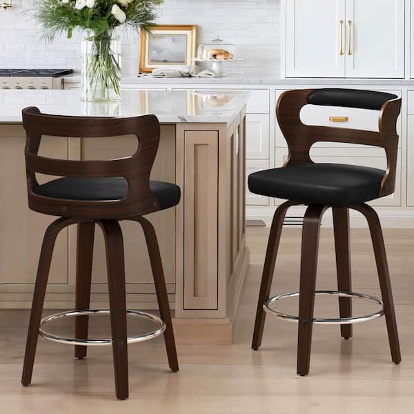 cozyman Arabela 26 in. Black Solid Wood Swivel Bar Stool Faux Leather Kitchen Counter Stool with Walnut Frame Set of 2