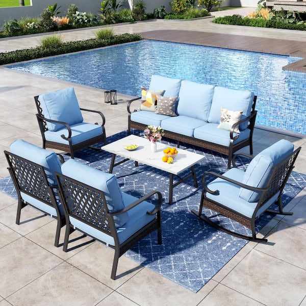 PHI VILLA 6-Piece Black Metal 7 Seats Outdoor Patio Conversation Set with Rocking Chair, Marbling Coffee Table and Blue Cushions