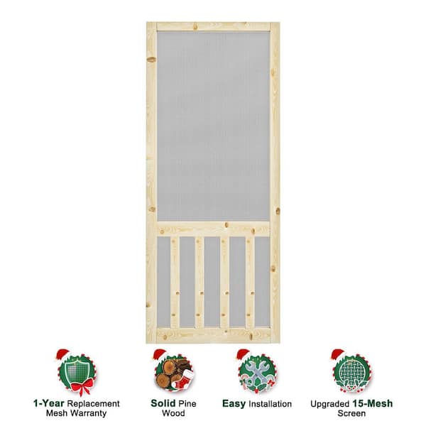36 in. x 80 in. Single Universal Paneled Railing Style Unfinished Pine Wood and Gauze Mesh Hinged Screen Door