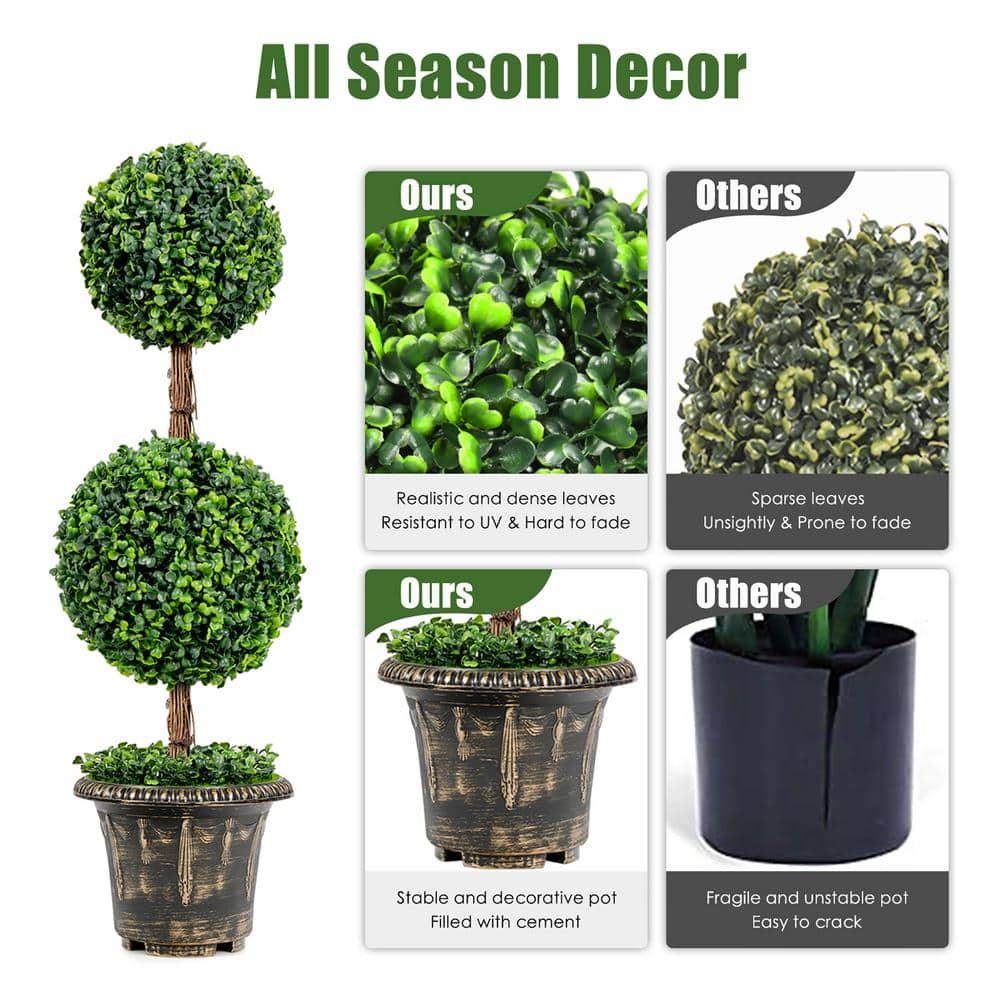 36'' Green Plastic Double Ball Topiary in Cement Pot