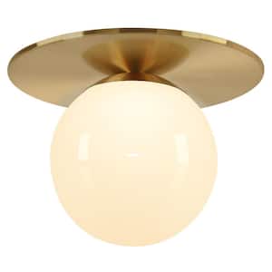 Amma 12 in. 1-Light Brushed Brass and White Flush Mount with Glass Shade