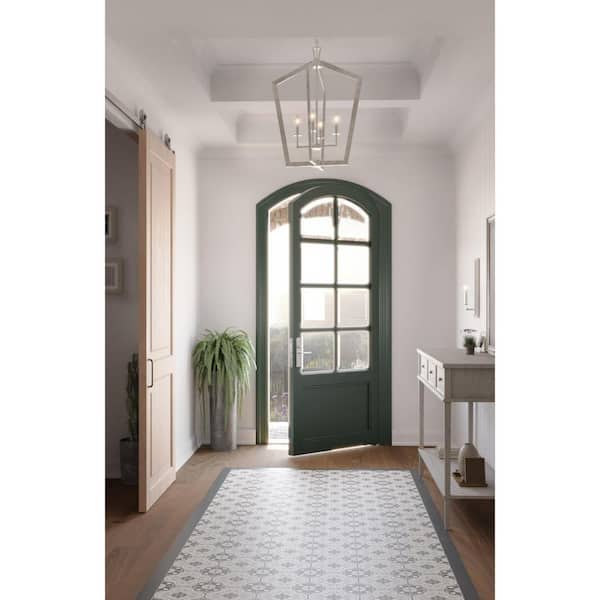 Galloway 4-Light 30 in. Brushed Nickel Modern Farmhouse Foyer Light with Grey Washed Oak Accents