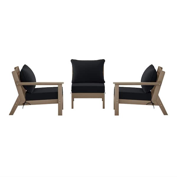 WESTIN OUTDOOR Birchwood Weathered Wood Arrangeable Outdoor Patio 3-Piece Deep Seating HDPE Sofa Arm Chair Set w/ Black Cushions