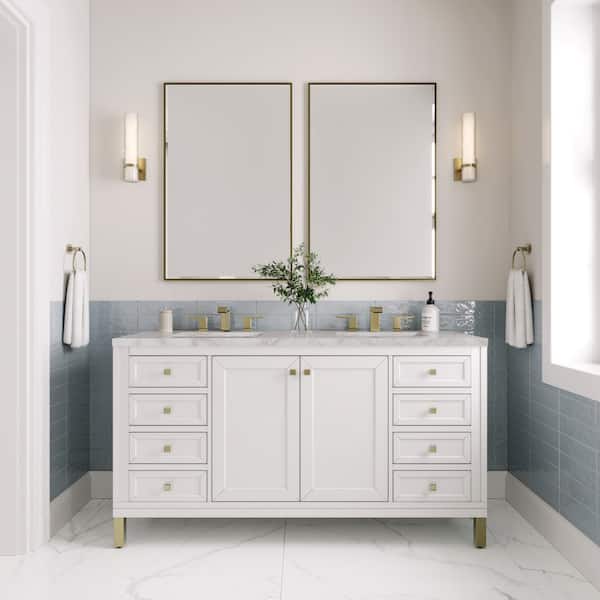 James Martin Vanities Chicago 60.0 in. W x 23.5 in. D x 33.76 in. H Double Bath Vanity in Glossy White with Quartz Victorian Silver Top