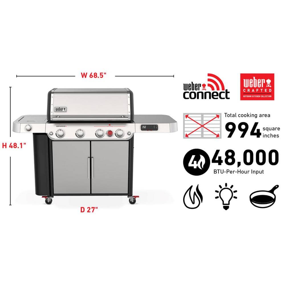 Stainless Steel 4-Burner Propane Gas Grill with Side Burner