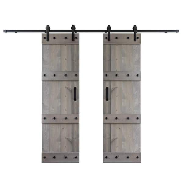 COAST SEQUOIA INC Castle 60 in. x 84 in. Light Grey DIY Knotty Wood Double Sliding Barn Door with Hardware Kit