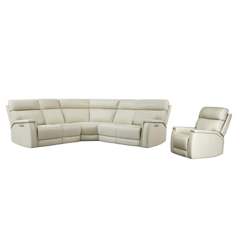 6-Seat Leather Triple Power Recliner Sectional Sofa with Headrest & Lumbar, Zero Gravity, 1 Power Armlesschair, Cream
