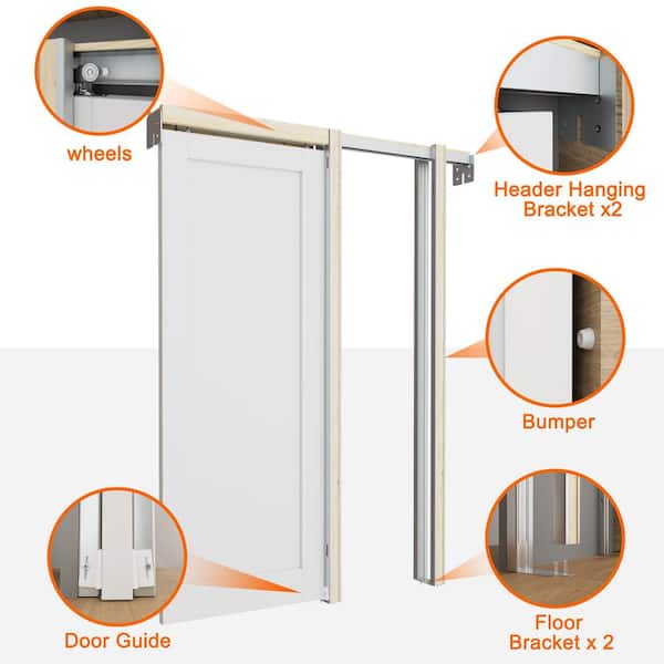 36 in. x 96 in. 1-Lite Frosted Glass White Primed Wood Sliding Pocket Door with Pocket Door Frame and Door Hardware Kit