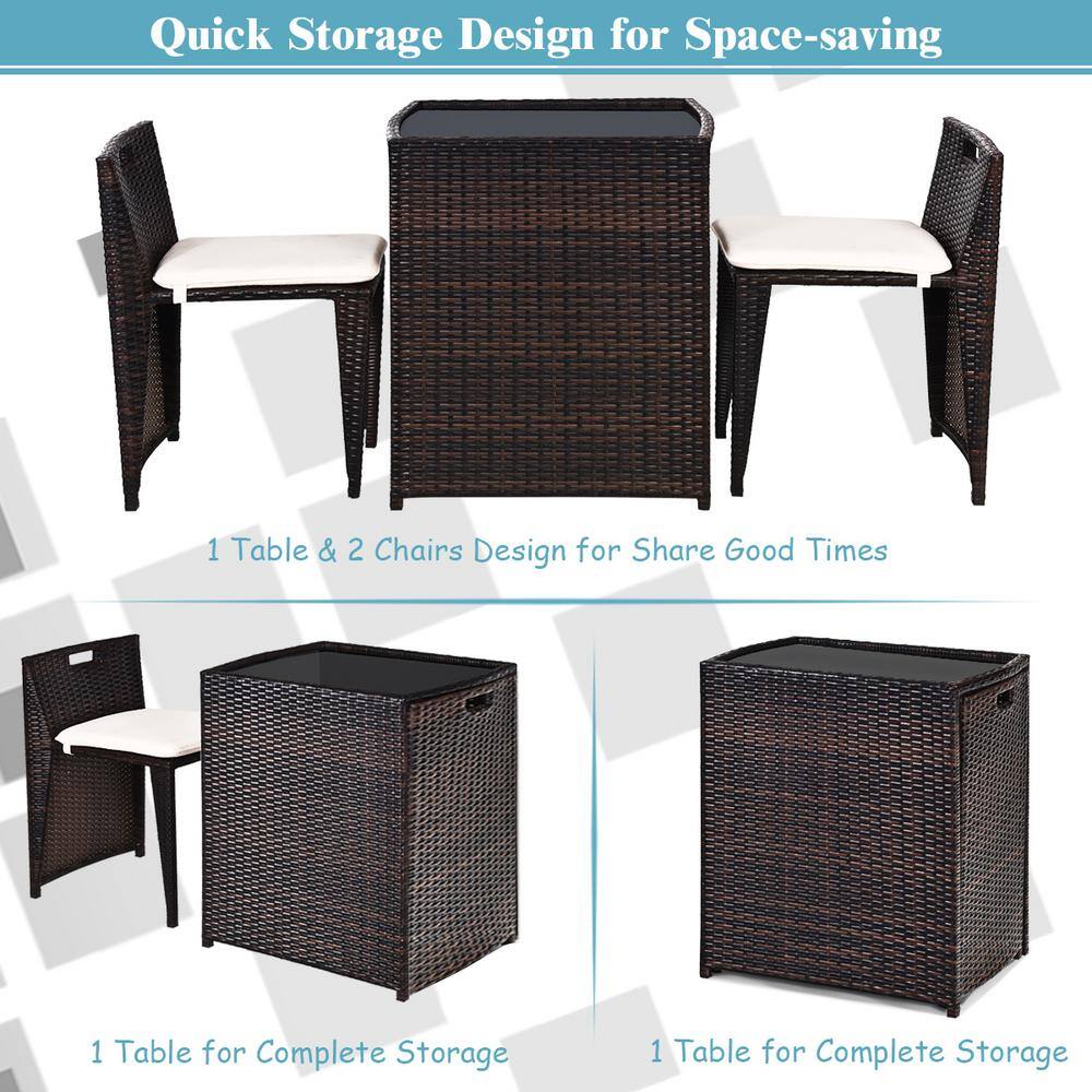 Compact Brown Wicker Outdoor Patio Set with Cushions and Glass Table