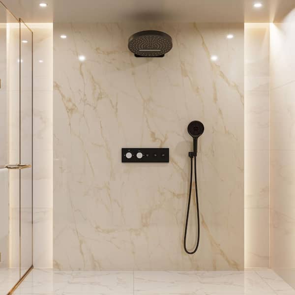 5-Spray 2.5 GPM 16 in. Round Wall Mount Fixed and Handheld Shower Head with Thermostatic Shower System in Matte Black