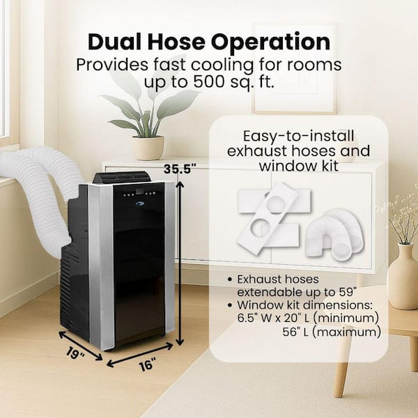 Portable Air Conditioner 9,500 BTU (14,000 BTU ASHRAE), Cools 500 sq. ft. with Heater, Dehumidifer, Remote in Black