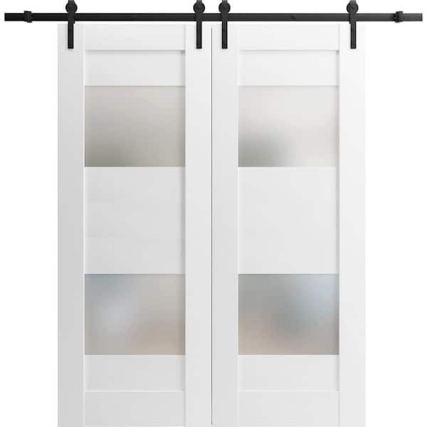 VDOMDOORS 30 in. x 96 in. 2 Panel Frosted Glass White Solid Wood Sliding Barn Door with Hardware Kit